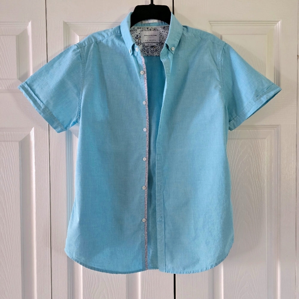Denim & Flower Light Blue Men's Button Front Short Sleeve Slim Fit Shirt…